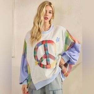 Sage + Fig Peace Symbol Patch Oversized Sweatshirt, NWT, Pastel Plaid, Medium